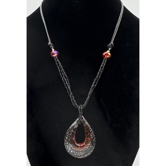 Vintage EL Erica Lyons Art Glass Seed Bead Black Red AB Boho Statement Necklace - Picture 5 of 12
